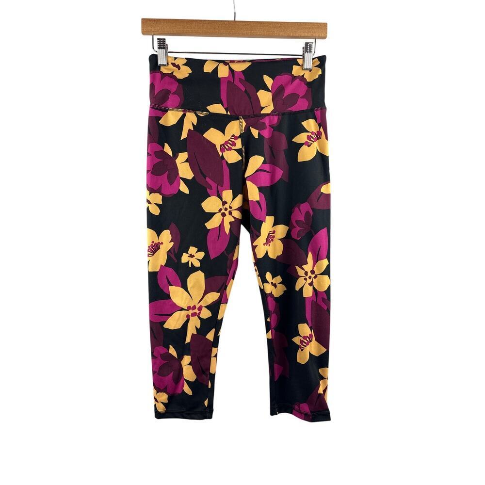 Women’s Danskin Medium Black Leggings w/ Yellow & Purple Florals